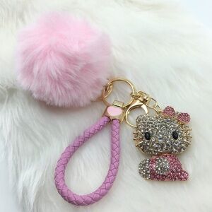Hello Kitty Rhinestone Keychain Bag Charm Pink Ball Pom Pom Faux Leather Strap